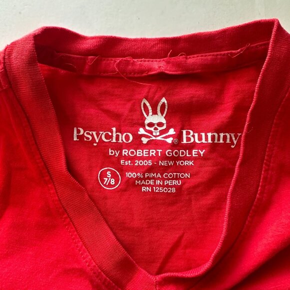 Psycho Bunny Kids Red Short Sleeve V-Neck T-Shirt S 7/8 100% Pima Cotton - Picture 3 of 6
